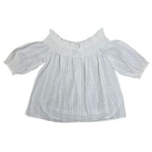 AQUA Women's XS Off the Shoulder Smoked Quarter Sleeve Cotton Blouse White